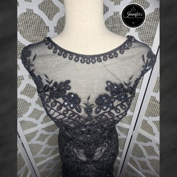 Cachet Charcoal Applique Illusion Tulle Mermaid Evening Gown Size 4 - Picture 3 of 16